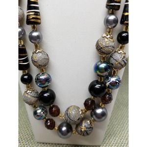 Necklace 2 Strand Black Gray Silver Design Beaded Vintage Marked Japan